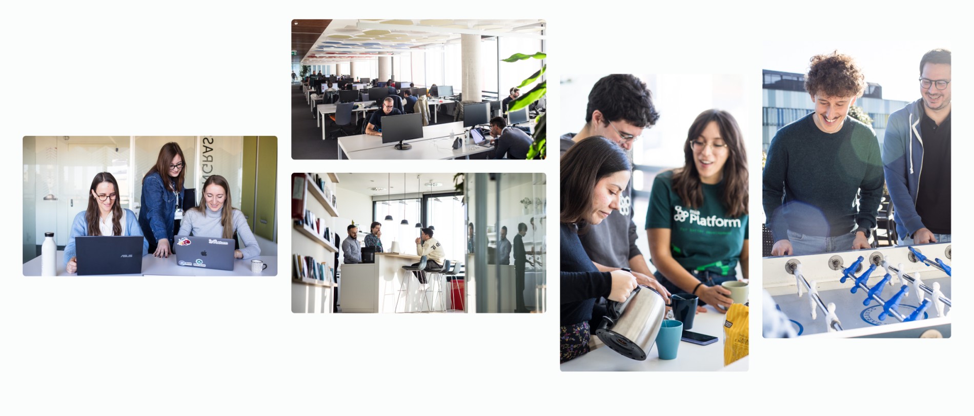 Mia‑Platform team moments: colleagues working together at their desks in the open office, two teammates in Mia‑Platform t-shirts preparing coffee, and two colleagues playing foosball on a rooftop terrace