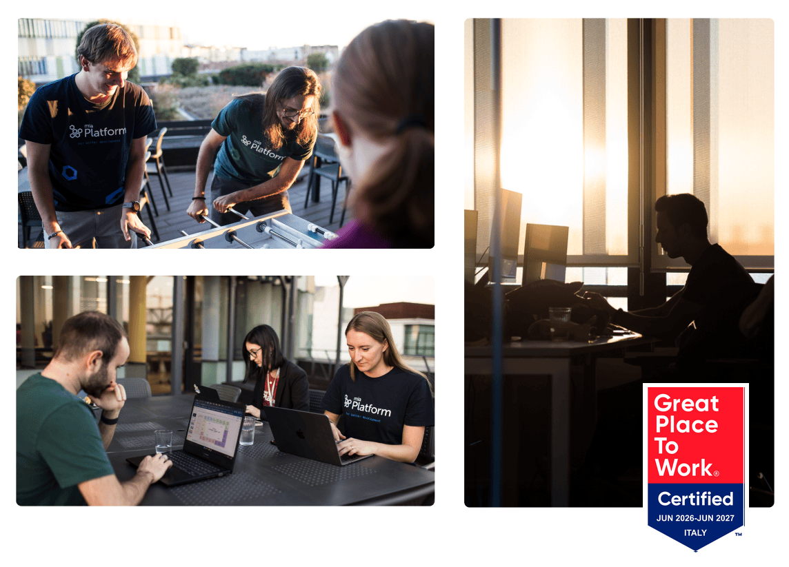 Mia‑Platform team moments: colleagues playing foosball on a rooftop terrace, working together on laptops, a developer at a desk at sunset, and the Great Place To Work Certified badge (Italy, 2026–2027)