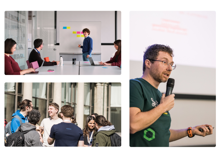 Momenti di vita in Mia‑Platform: colleghi che discutono davanti a una lavagna con post-it, un gruppo che chiacchiera all'aperto durante una conferenza, e uno speaker con la maglietta Mia‑Platform che parla al microfono
