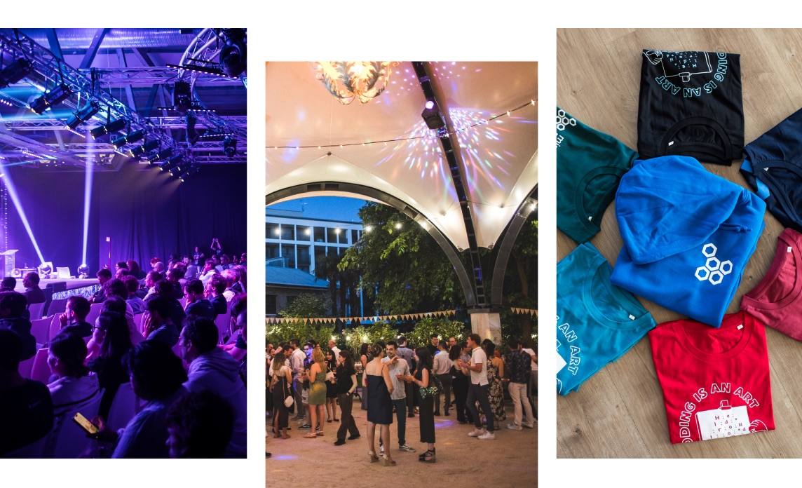 Gadget e materiali promozionali disposti per un evento Mia‑Platform