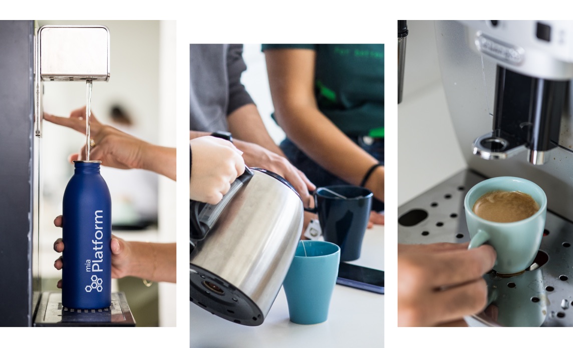 Cucina e area lounge della sede Mia‑Platform di Milano